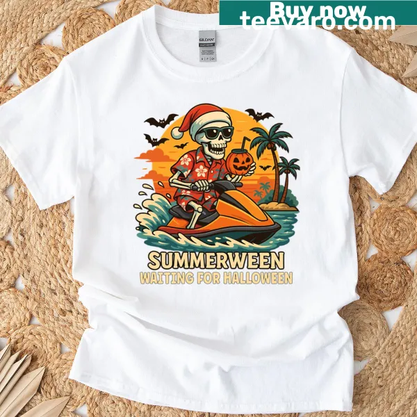 Funny Halloween T-shirt featuring a skeleton on a water scooter.