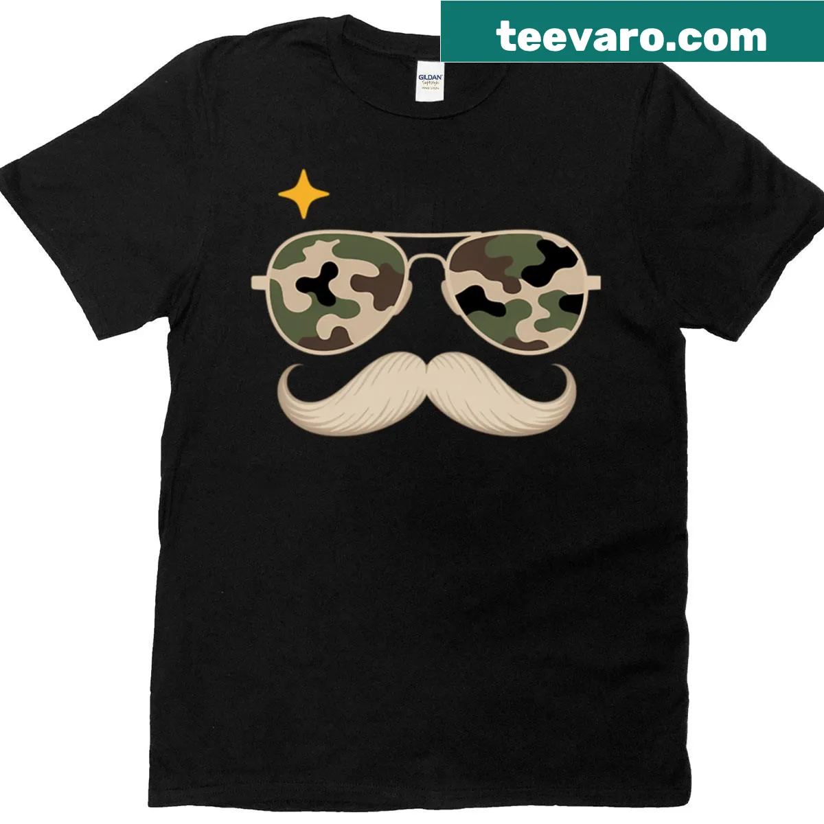 Funny sunglasses and mustache graphic t-shirt for veterans — on a men's t-shirt