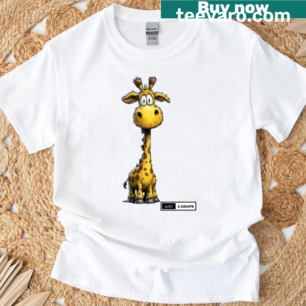 Oversized t-shirt with a tall cartoon giraffe graphic — on a men's t-shirt