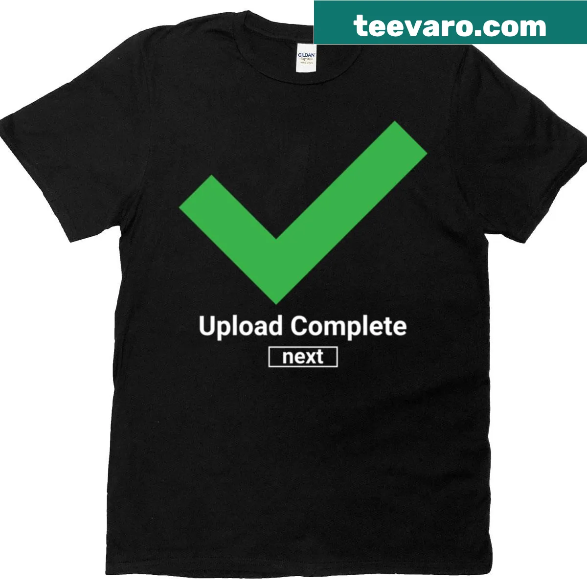 Funny programmer T-shirt with 'Upload Complete' text — on a men's t-shirt