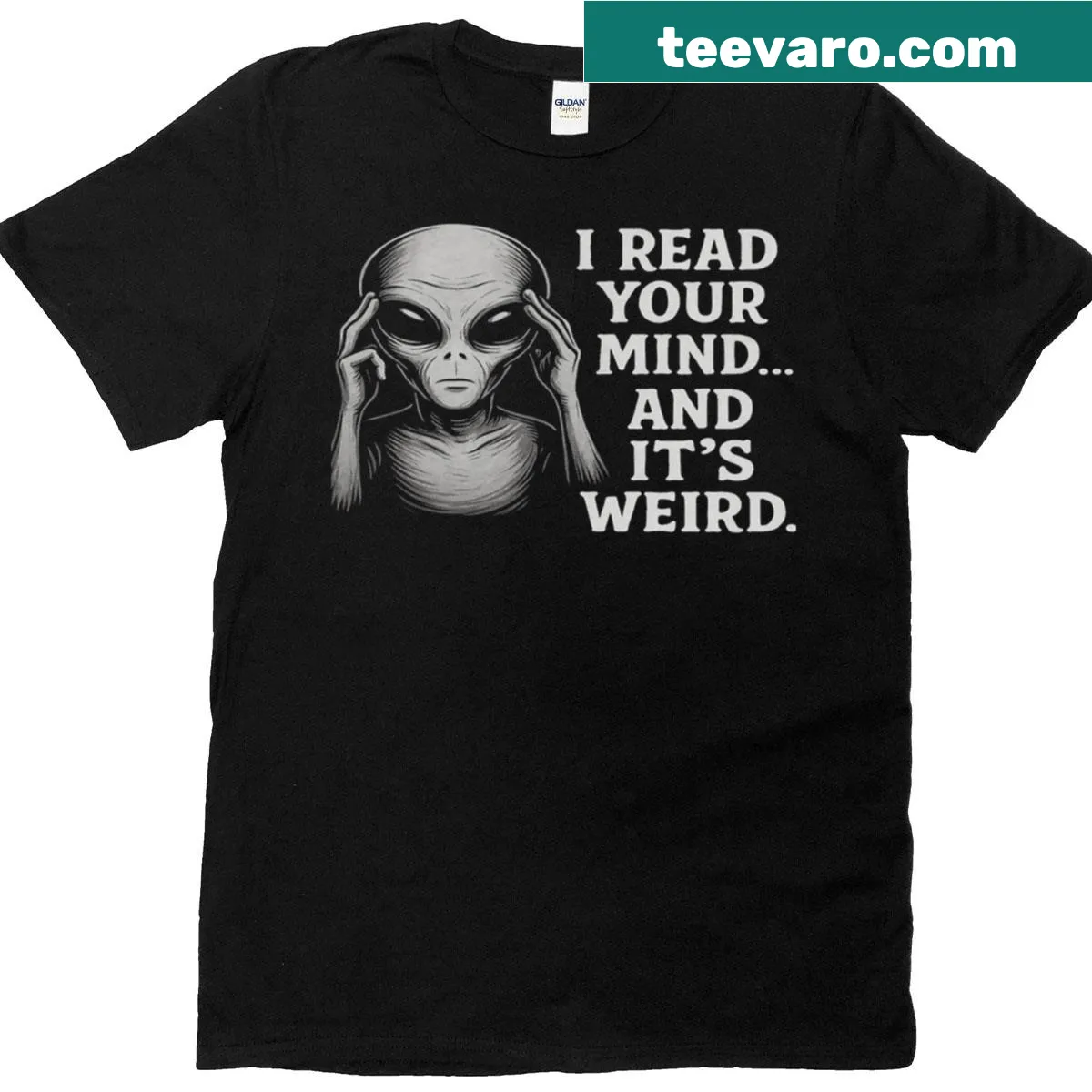 Whimsical oversized t-shirt featuring telepathic alien graphic — on a men's t-shirt