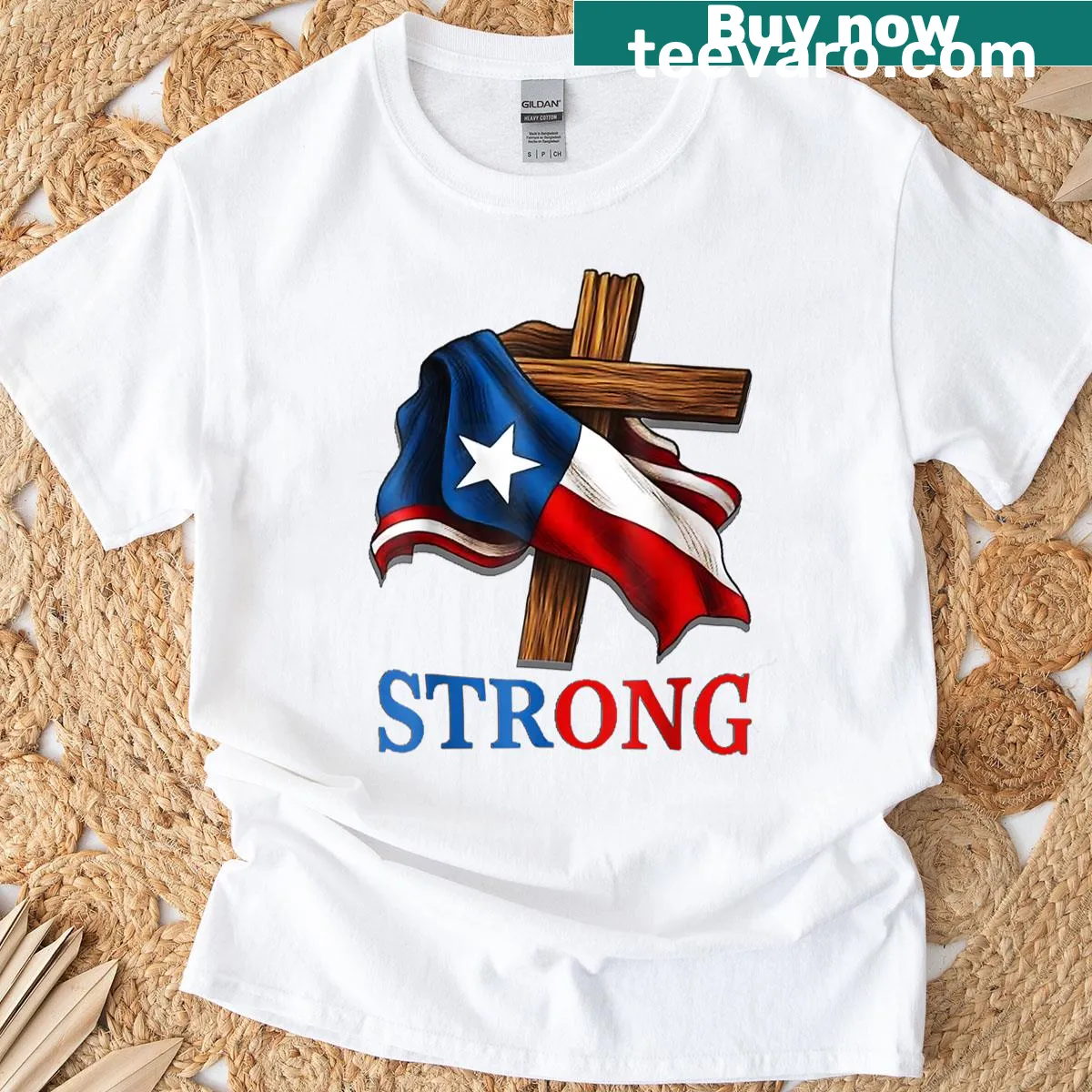 Distressed Texas Stronger Than The Storm t-shirt with bold text — on a men's t-shirt