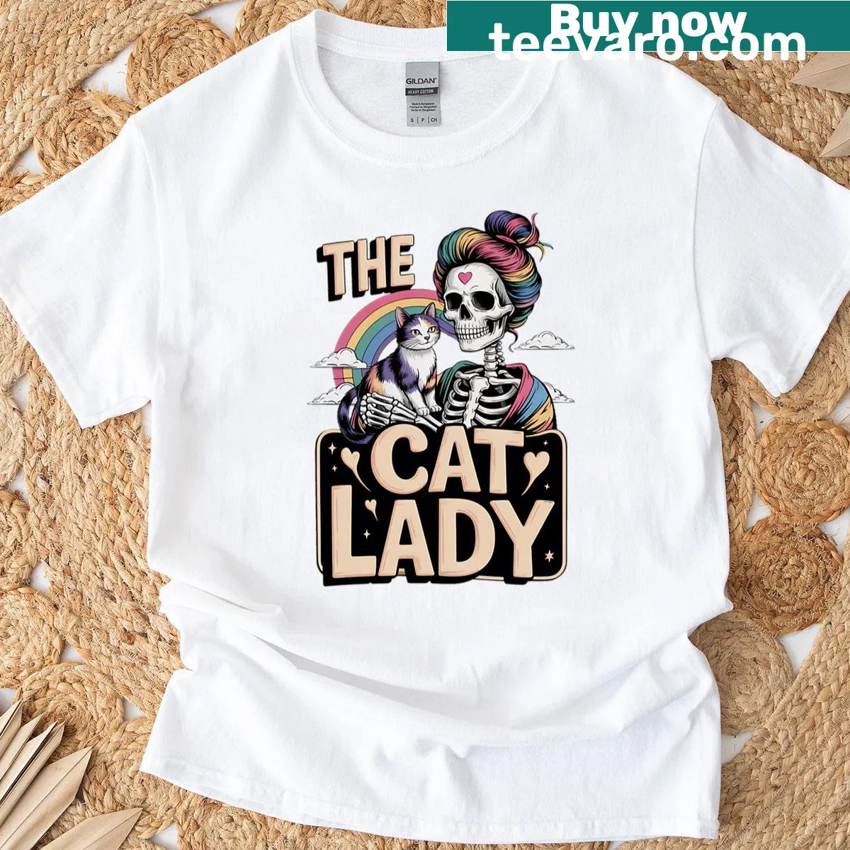 Illustrated Cat Lady tarot card t-shirt featuring a skeleton design — on a men's t-shirt
