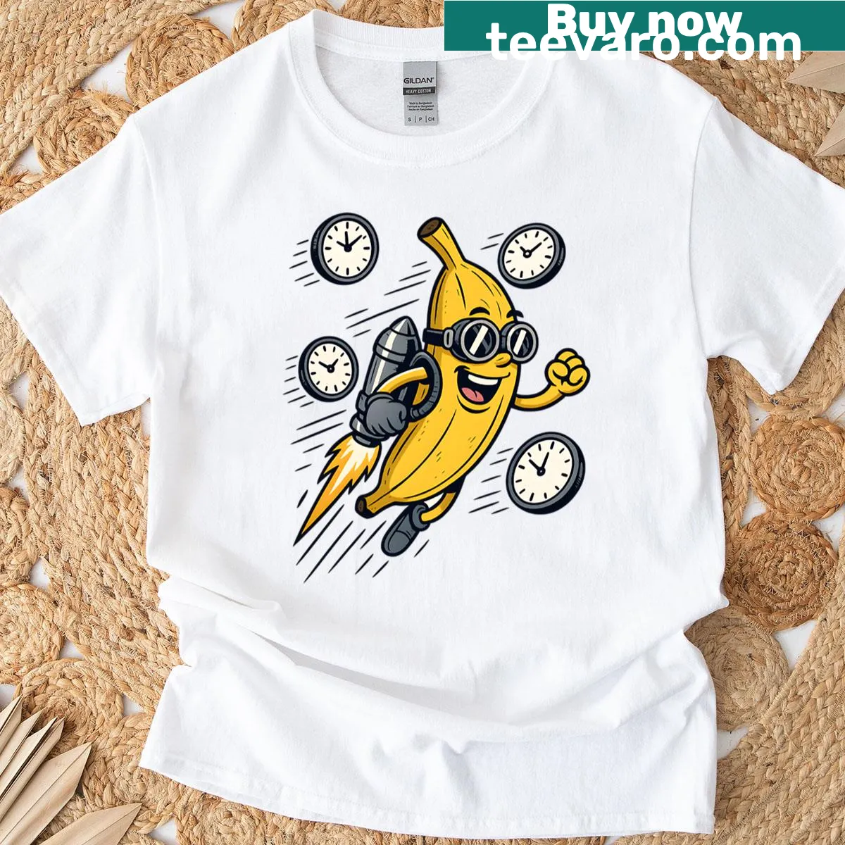 Oversized t-shirt featuring a cartoon jetpack banana — on a men's t-shirt