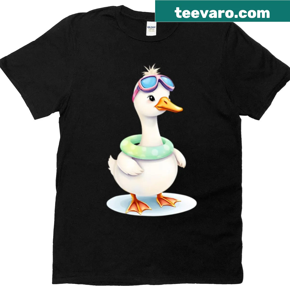Playful T-shirt featuring a tiny goose on a float — on a men's t-shirt