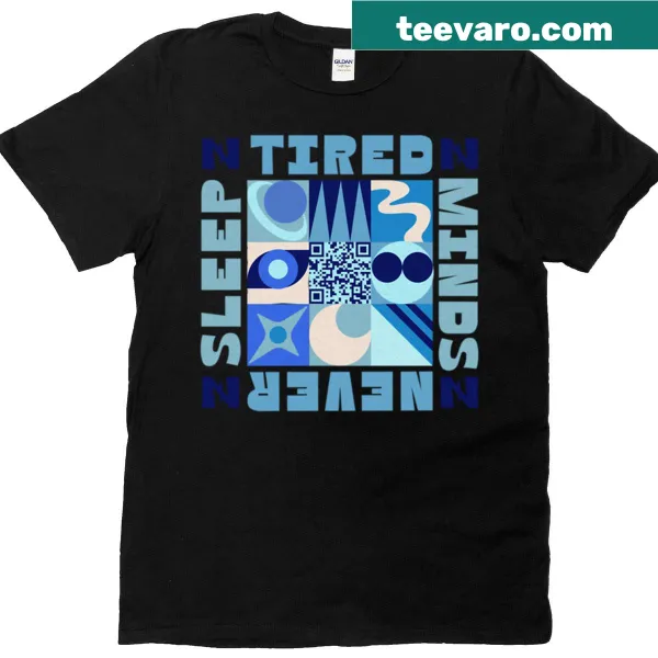 Minimalist t-shirt with Bauhaus design and text about tired minds