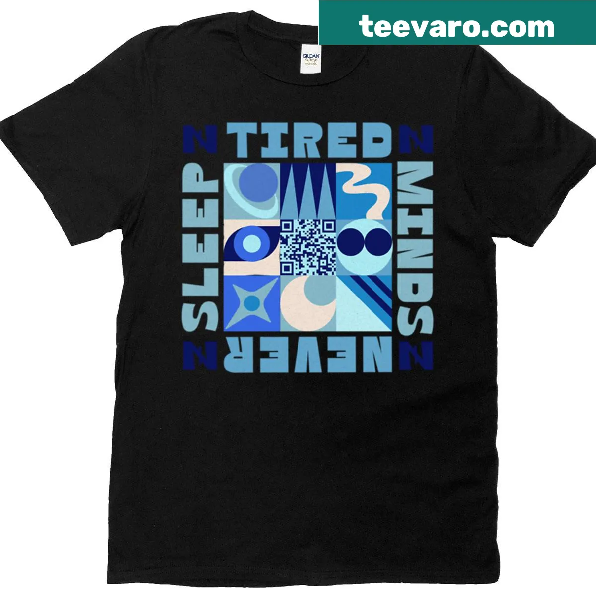 Minimalist t-shirt with Bauhaus design and text about tired minds — on a men's t-shirt