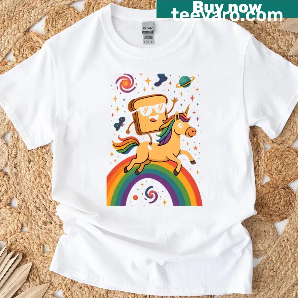 Whimsical T-shirt with toast riding a unicorn through space