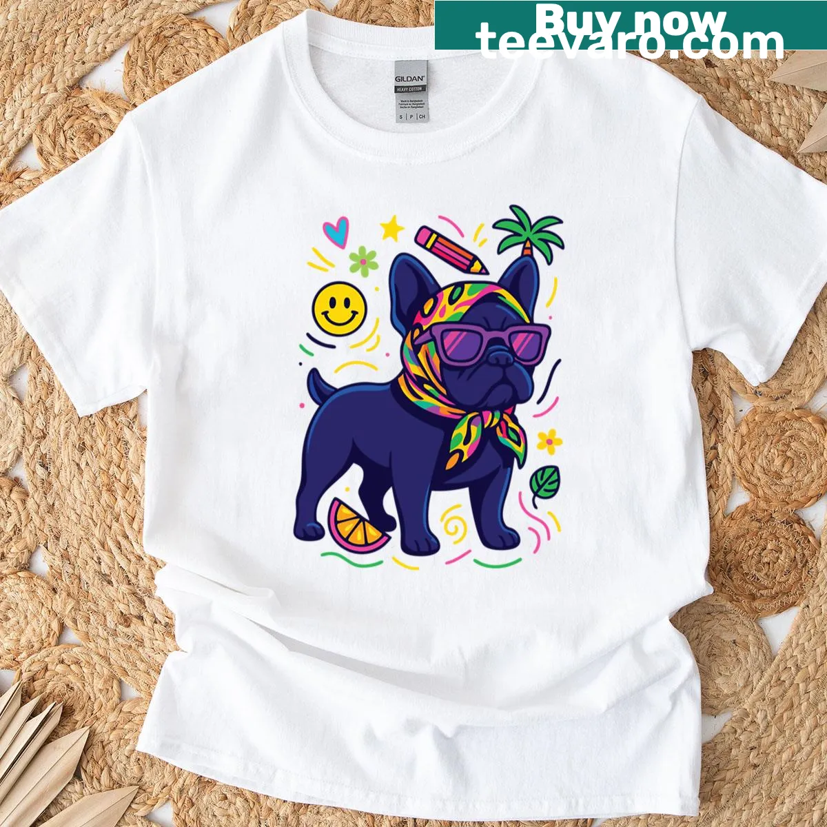 Cute t-shirt featuring a trendy French Bulldog graphic — on a men's t-shirt