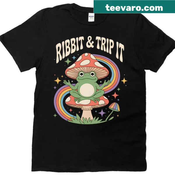Cartoon graphic of a frog with mushrooms on a T-shirt
