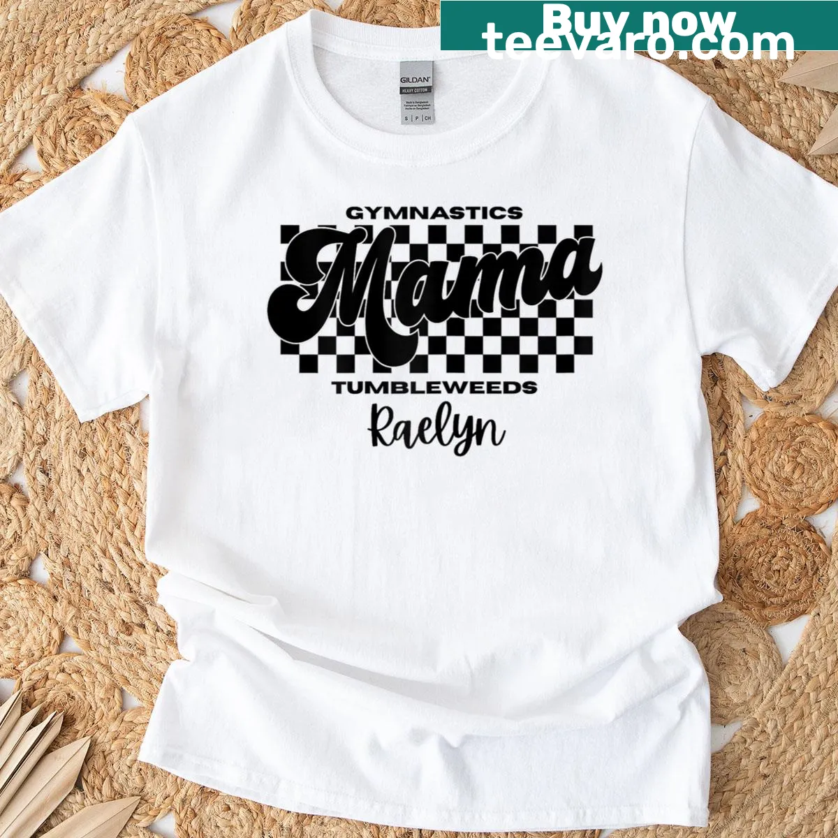 Proud gymnastics mom t-shirt with Tumbleweeds Gymnastics Mama text — on a men's t-shirt