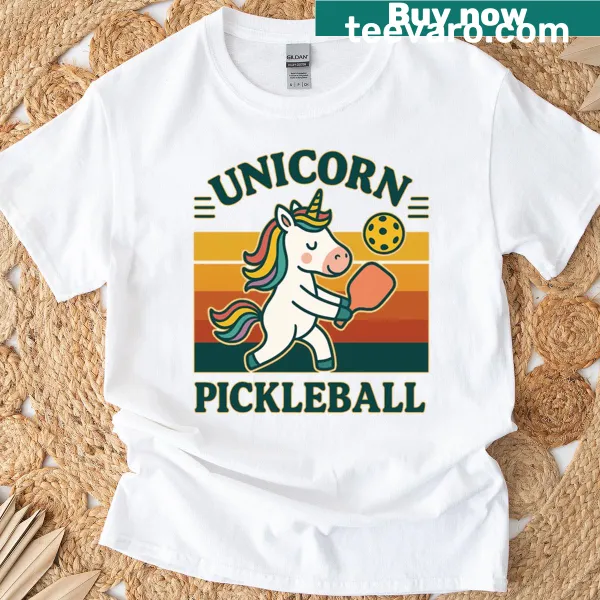 Whimsical unicorn graphic t-shirt for pickleball lovers