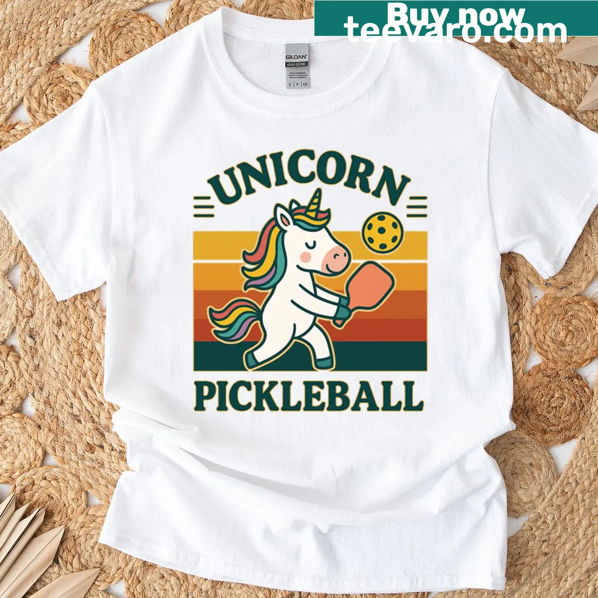 Whimsical unicorn graphic t-shirt for pickleball lovers — on a men's t-shirt