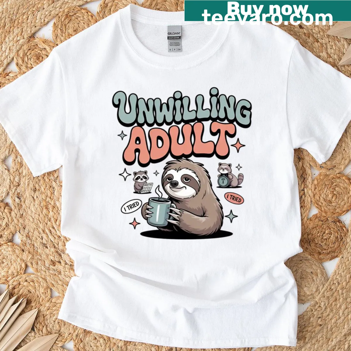 Cartoon graphic of sloth and raccoon in coffee chaos — on a men's t-shirt