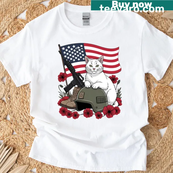 Distressed vintage cat American flag T-shirt for patriotic events