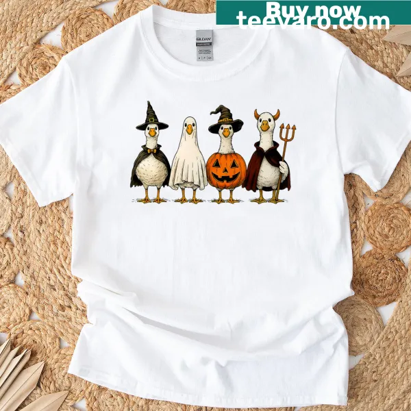 Vintage Halloween T-shirt with cute goose dressed as ghost and pumpkin
