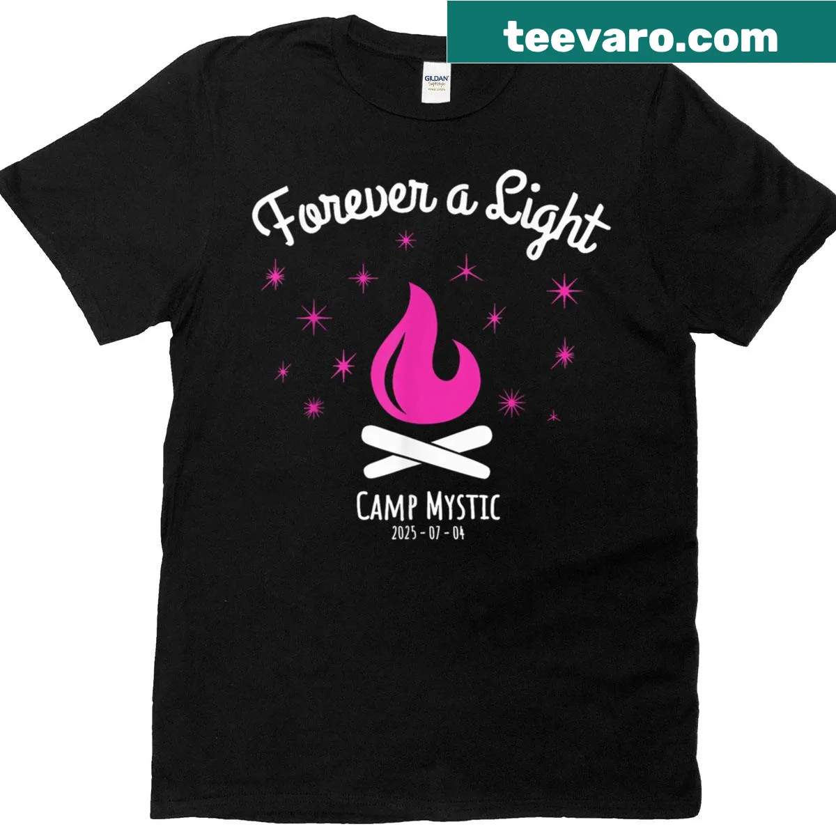 Vintage camp-themed T-shirt for women with 'Forever A Light Camp Mystic 2025' text — on a men's t-shirt