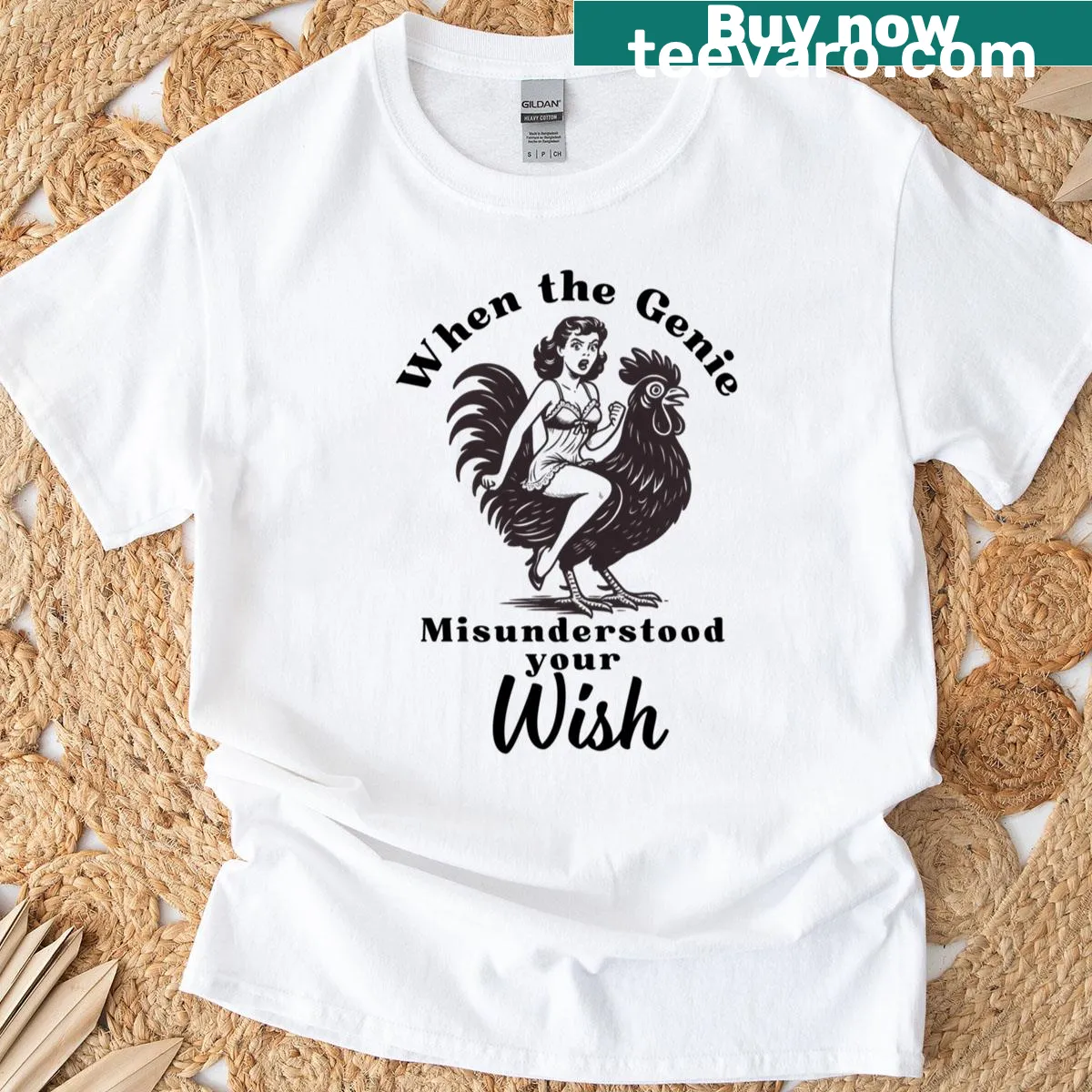 Retro pin-up rooster design with a genie wish theme T-shirt — on a men's t-shirt