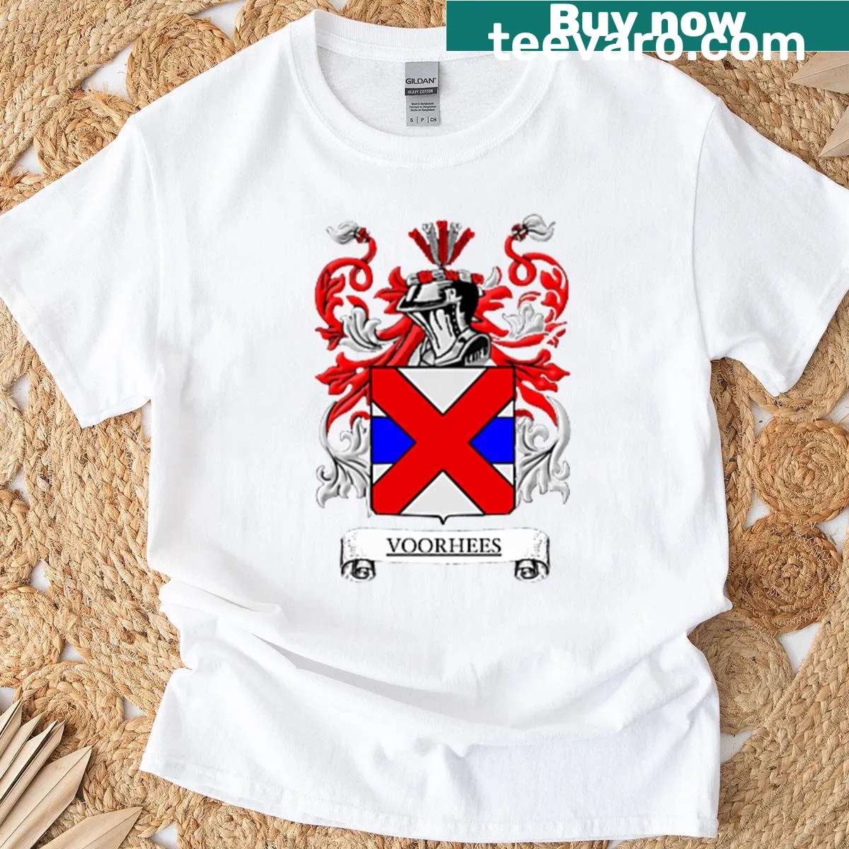 Voorhees family crest graphic t-shirt for fans of gaming and horror culture — on a men's t-shirt