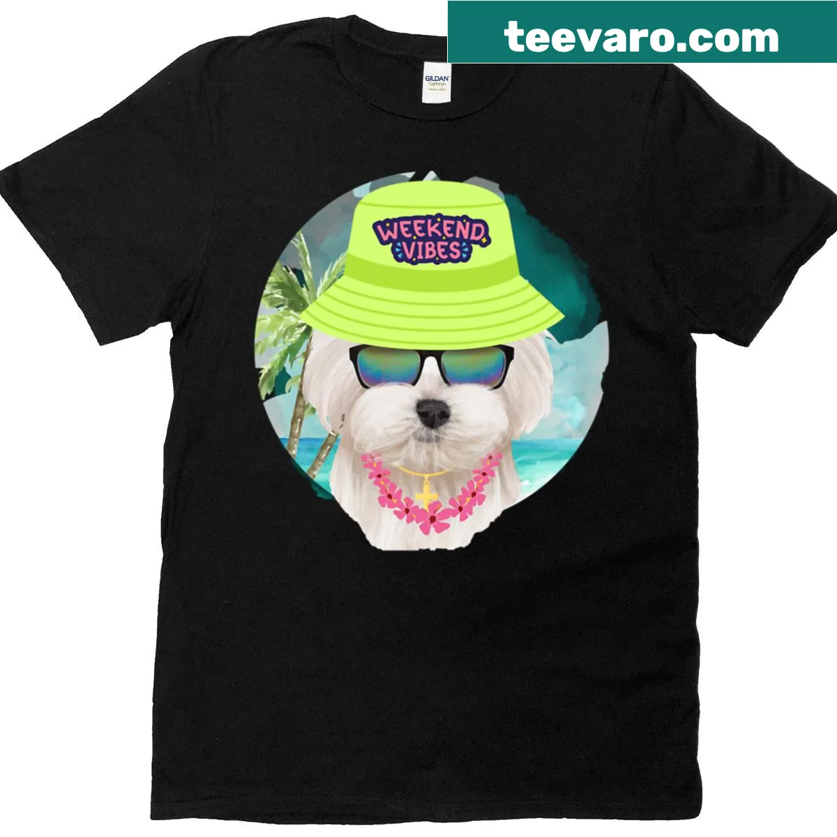 Cute T-shirt featuring a Maltese dog in a bucket hat, embodying weekend vibes — on a men's t-shirt