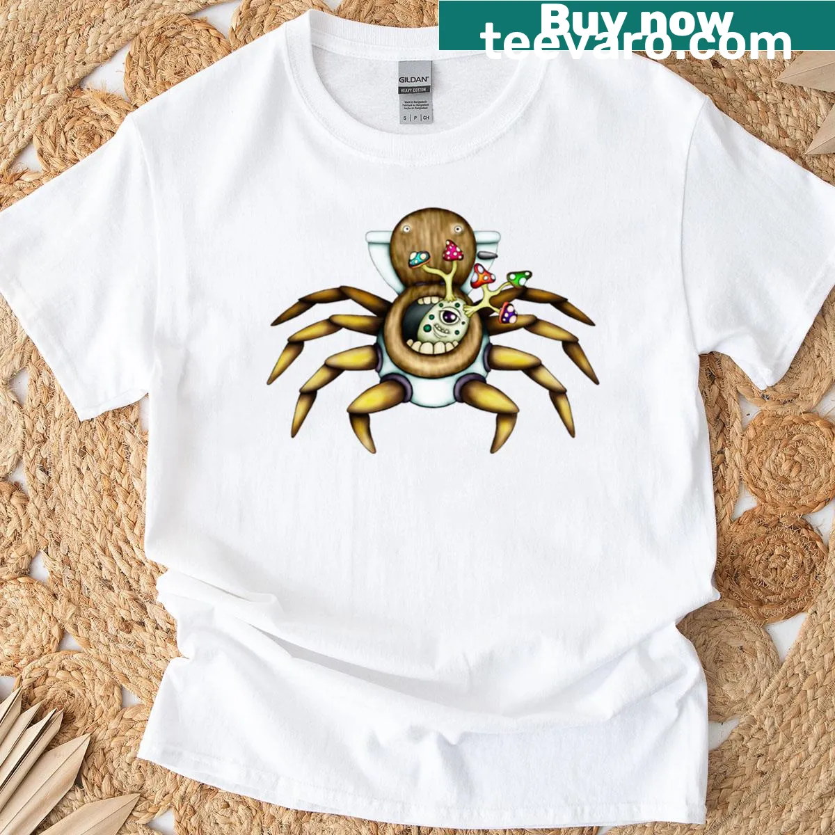 Funny cartoon spiderlet creature graphic t-shirt — on a men's t-shirt