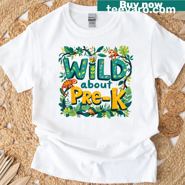 Jungle-themed t-shirt for pre-k teachers with fun illustrations