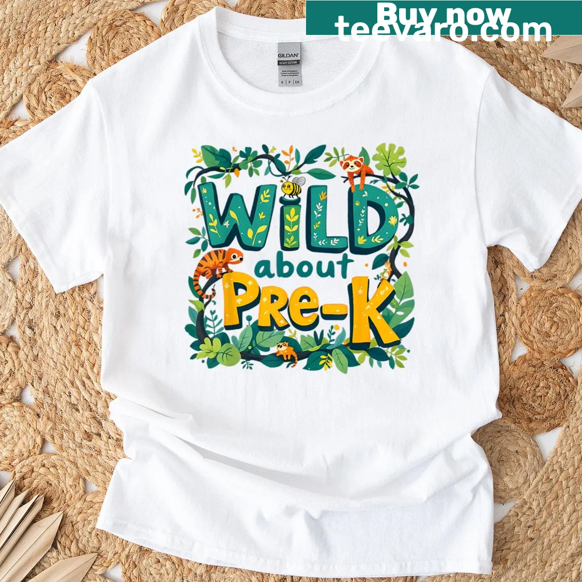 Jungle-themed t-shirt for pre-k teachers with fun illustrations — on a men's t-shirt