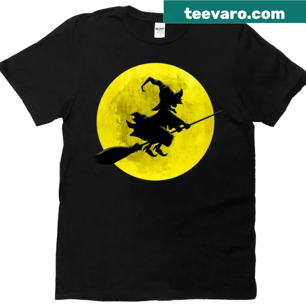 Halloween t-shirt with a witch on a broom and a full moon