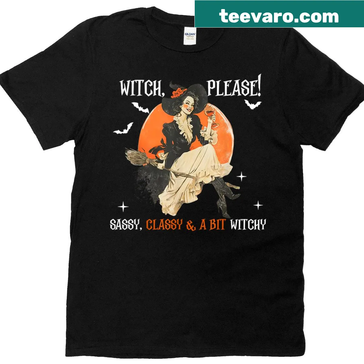 Retro T-shirt with a sassy witch-themed design — on a men's t-shirt