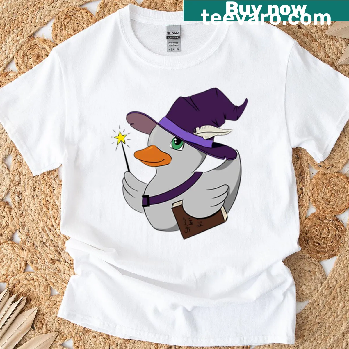 Cute Halloween t-shirt featuring a witch rubber duck illustration — on a men's t-shirt