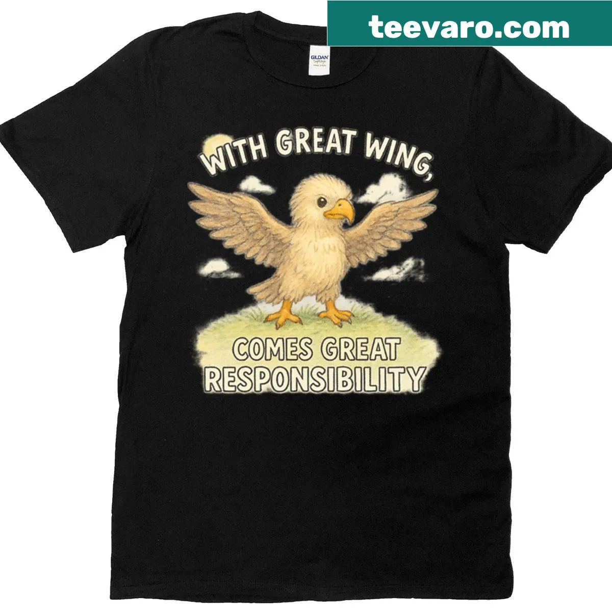 Eagle graphic t-shirt with the phrase 'With Great Wing Comes Great Responsibility'. — on a men's t-shirt