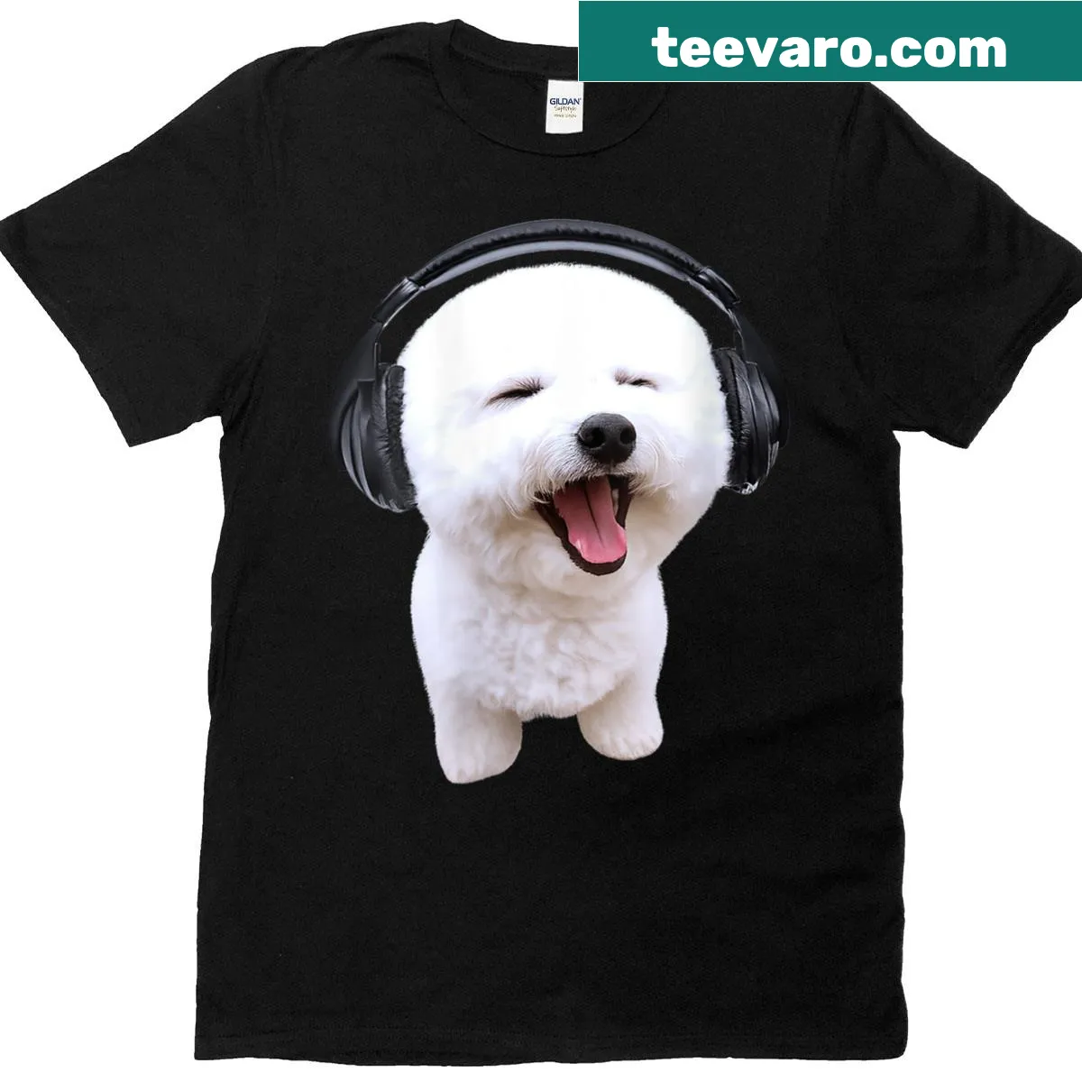 Cute cartoon Bichon Frise with headphones on a T-shirt — on a men's t-shirt