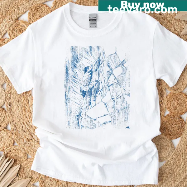 Illustrated women's t-shirt with a blue mountain climbing motif