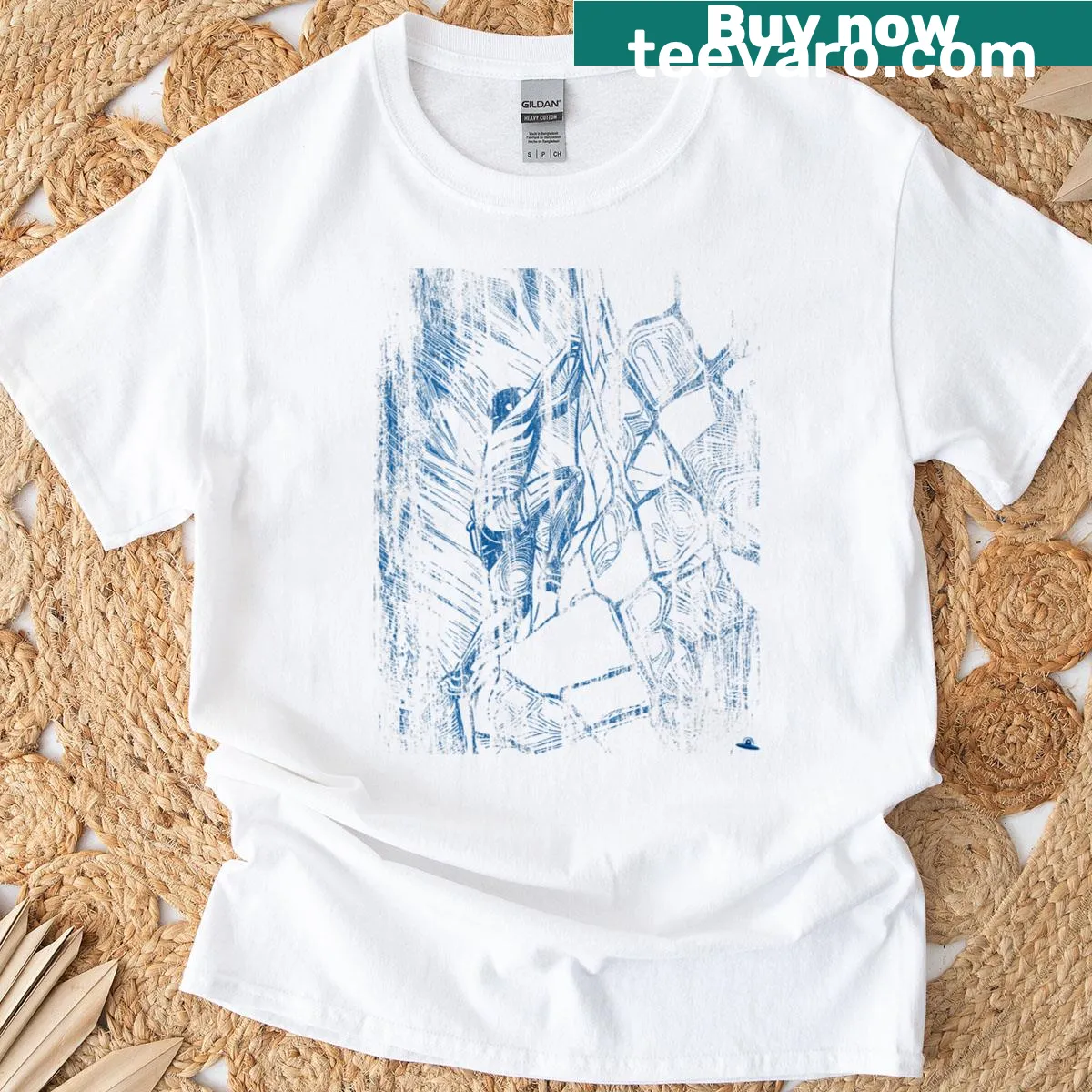 Illustrated women's t-shirt with a blue mountain climbing motif — on a men's t-shirt