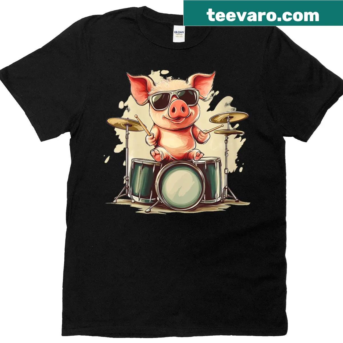 Cartoon T-shirt with a drummer pig in sunglasses for music fans — on a men's t-shirt