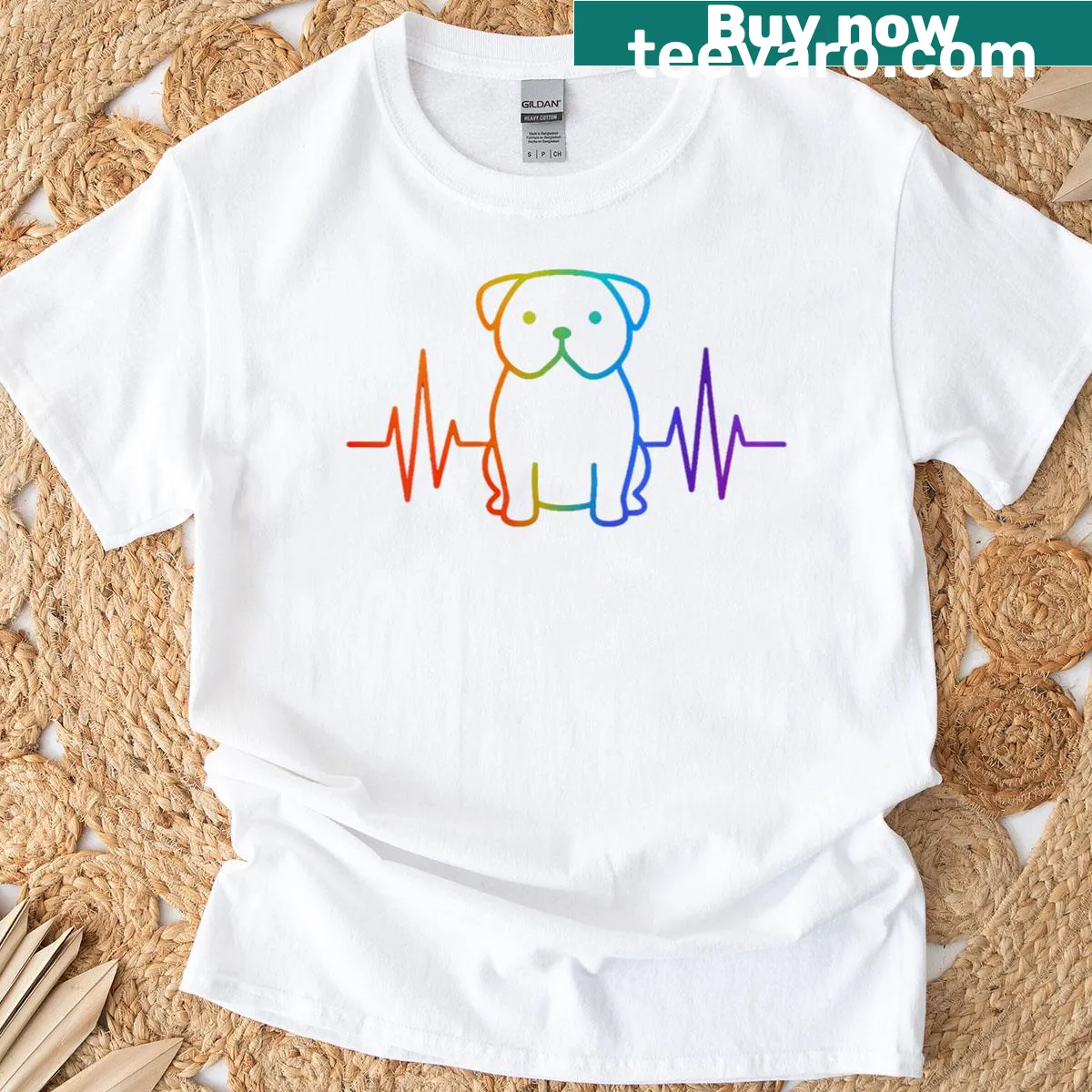 Heartbeat EKG design merging into a dog silhouette for dog lovers — on a men's t-shirt
