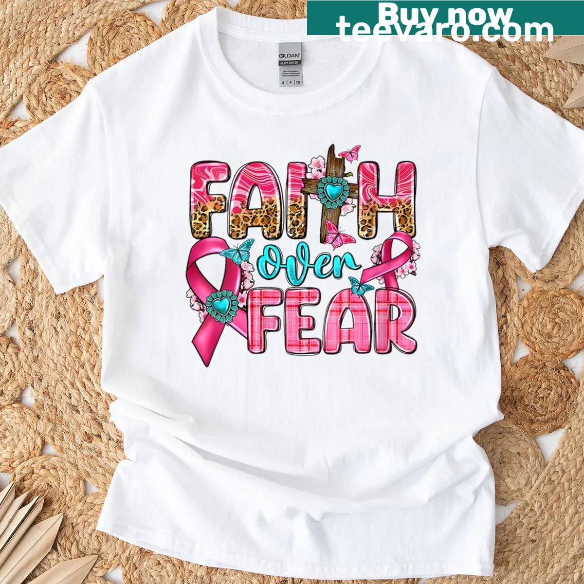 Cross graphic with the words Faith Over Fear for breast cancer awareness — on a men's t-shirt