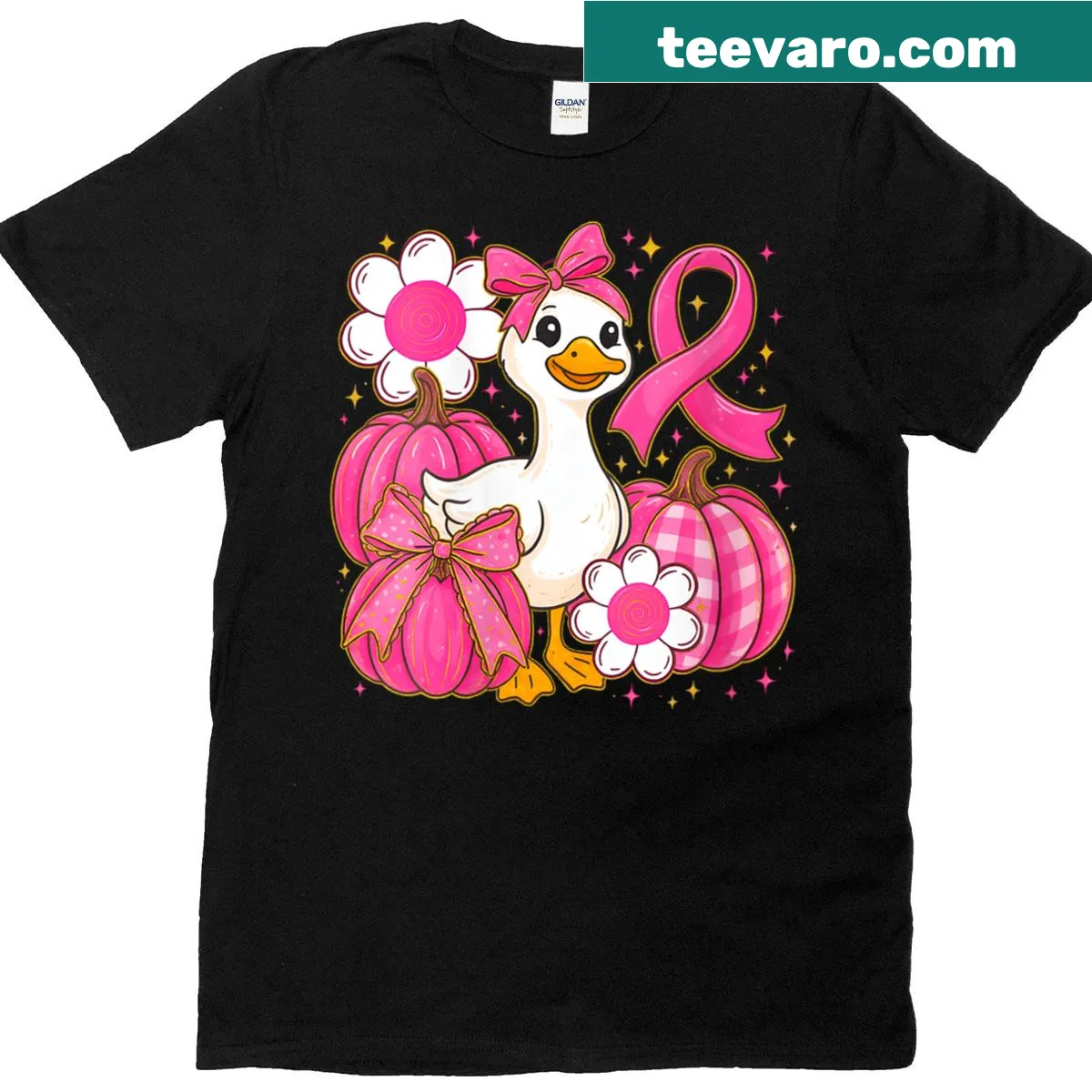 Illustrative pink goose with pumpkins and breast cancer awareness theme — on a men's t-shirt