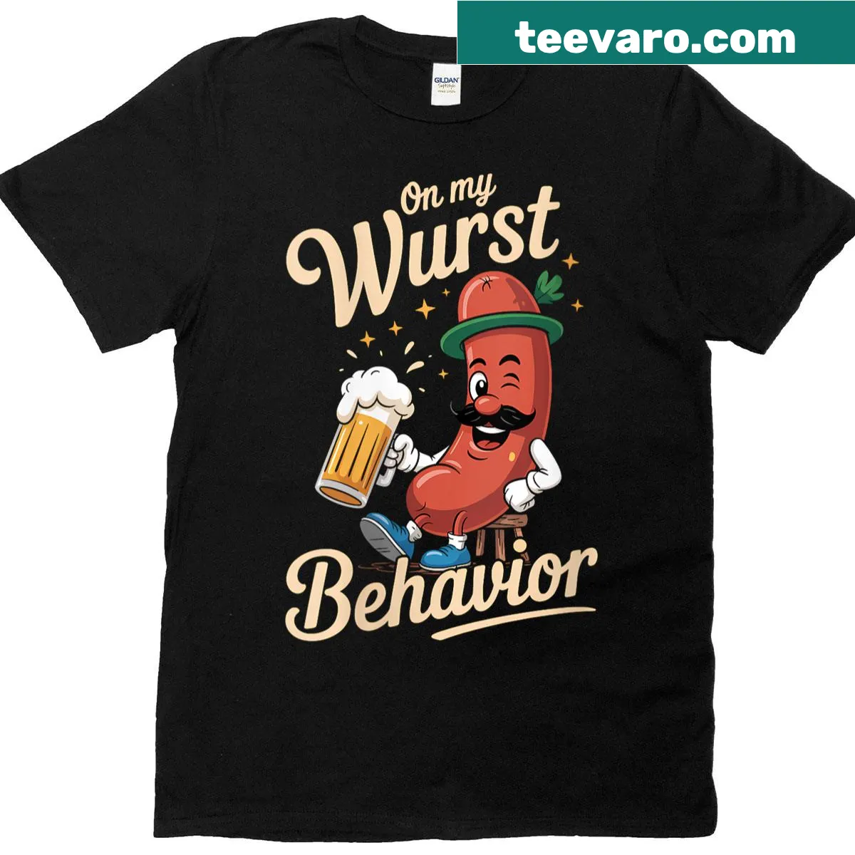 Funny food pun shirt with phrase 'On My Wurst Behavior' — on a men's t-shirt