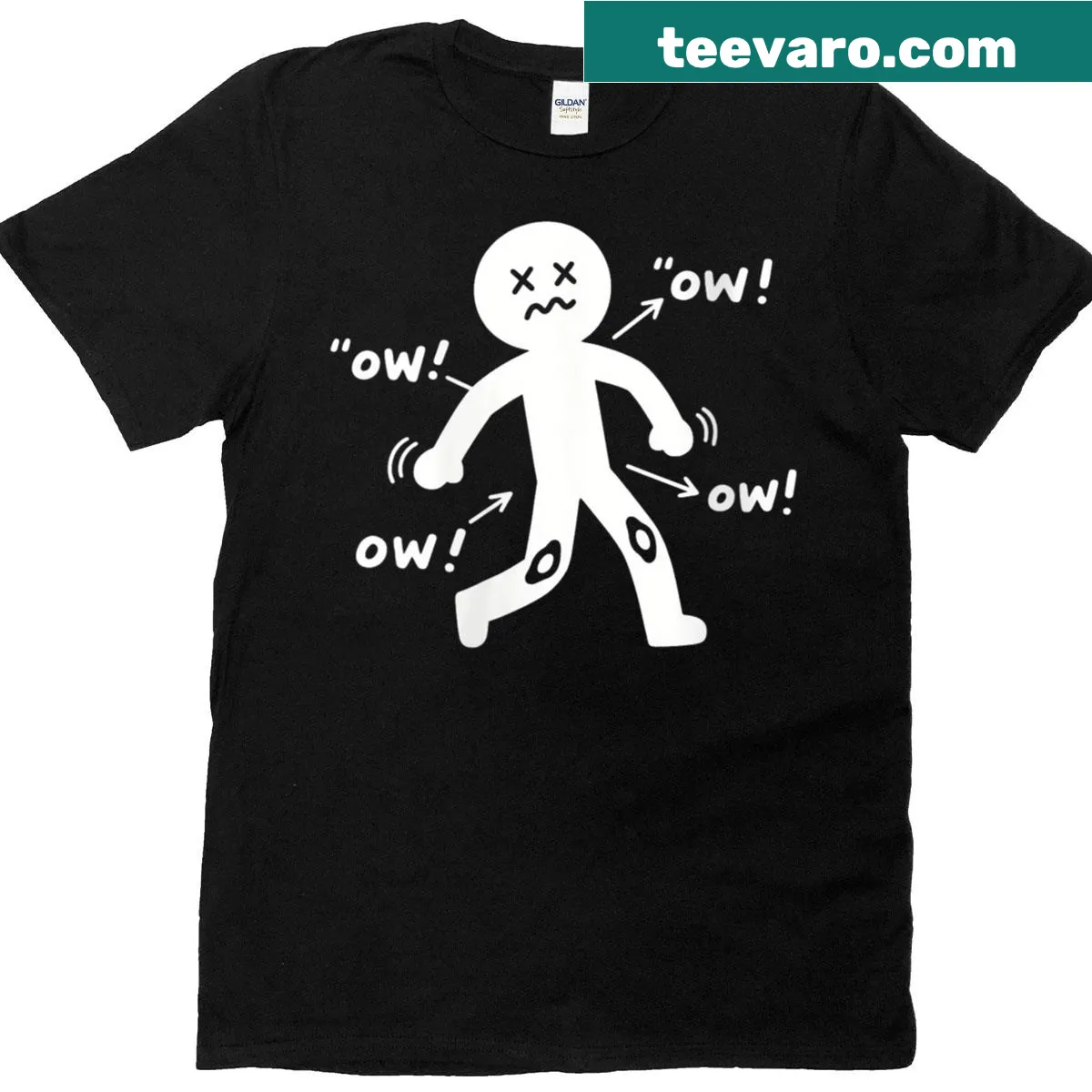 Funny chronic pain awareness t-shirt featuring an 'Ow Ow Ow' character — on a men's t-shirt