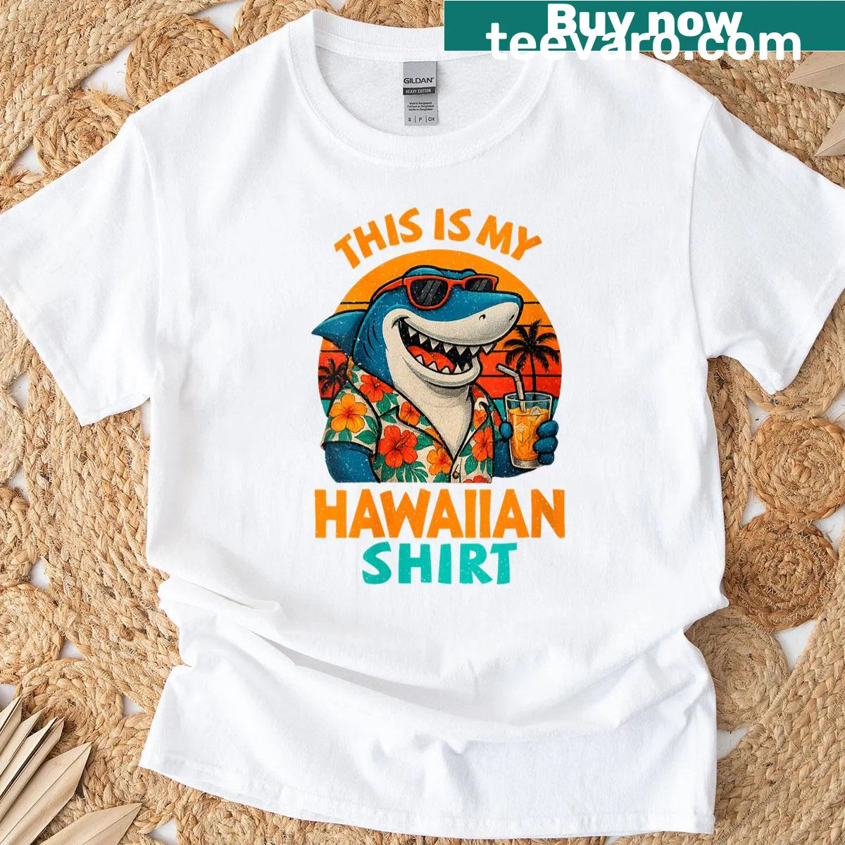 Hawaiian Tropical Luau Shark T-shirt with playful design — on a men's t-shirt