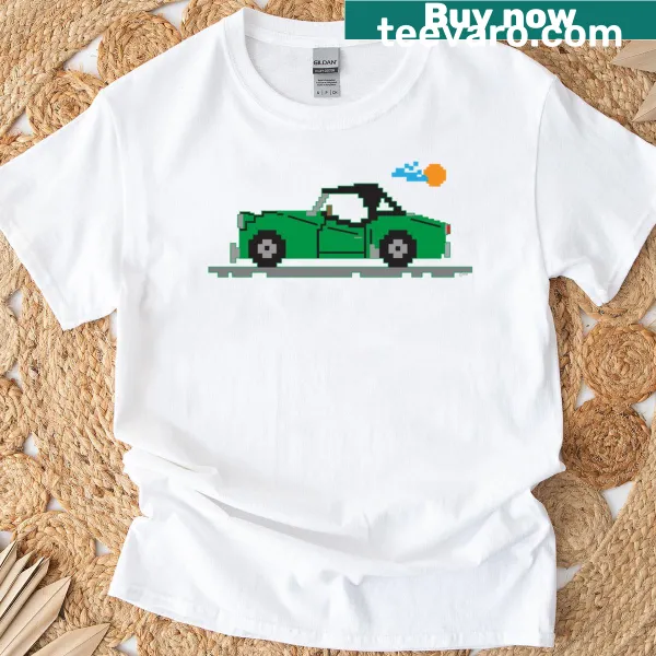 8-bit cartoon design of a British Triumph TR3 on a t-shirt