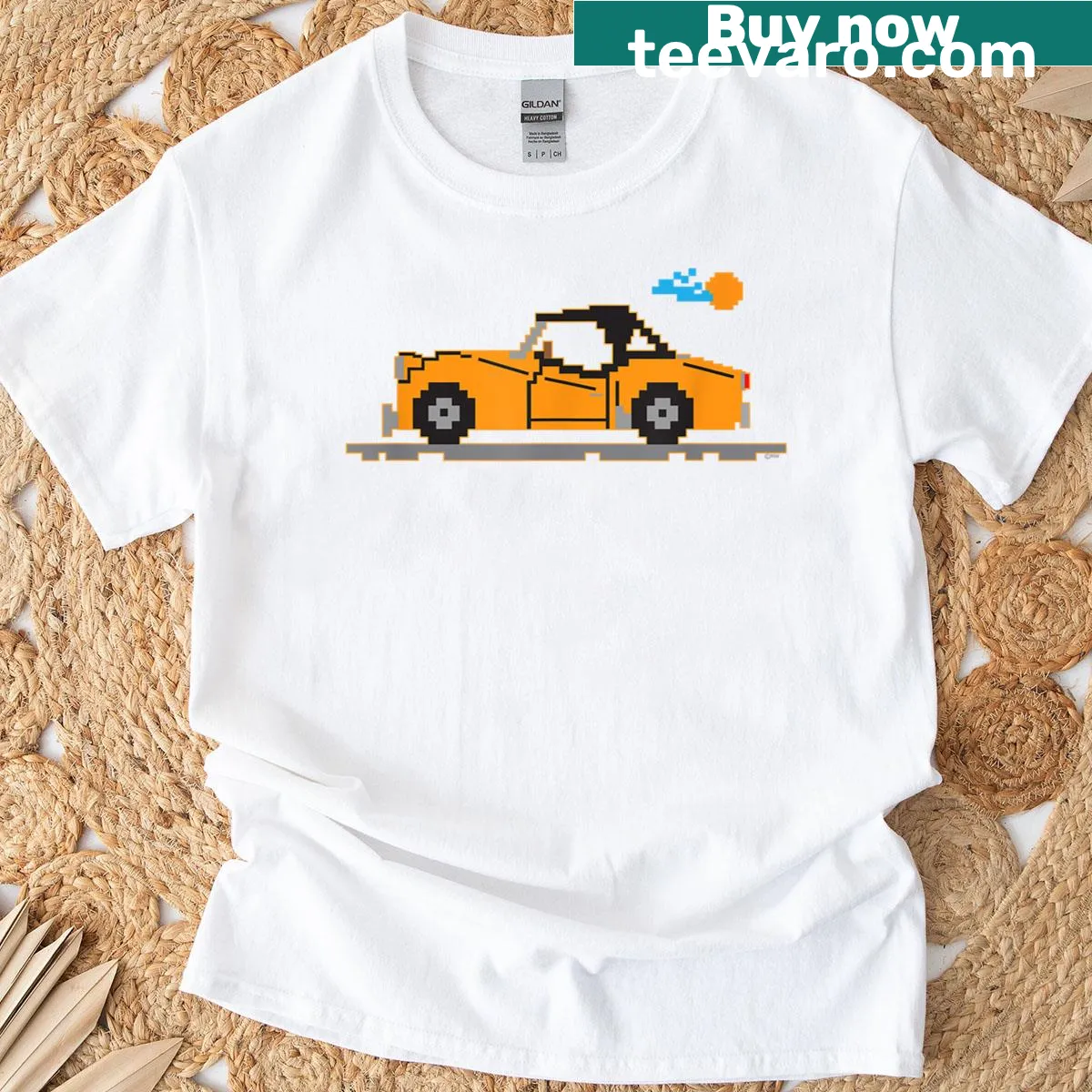 8-bit cartoon graphic of a Triumph Tr3 sportscar — on a men's t-shirt