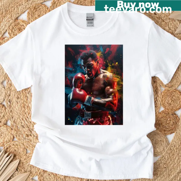 Artistic painting of Muhammad Ali in action on a t-shirt