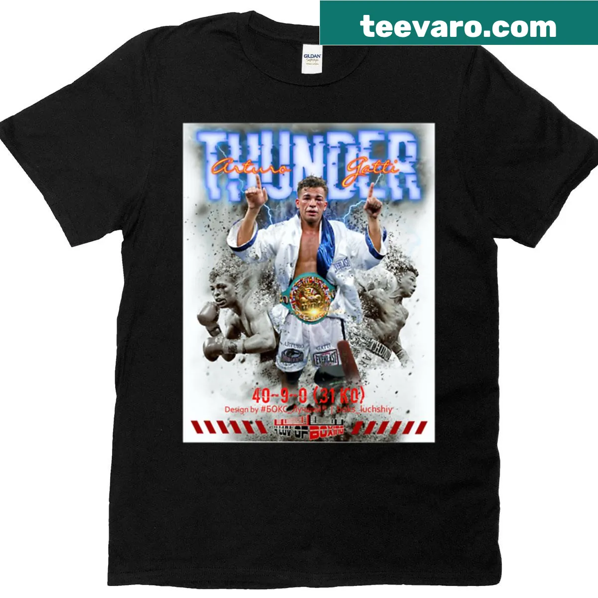 Cartoon of Arturo Thunder Gatti on a kids' T-shirt — on a men's t-shirt