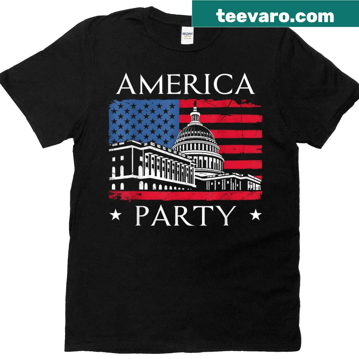 Patriotic t-shirt featuring 'Party America 2025' text — on a men's t-shirt