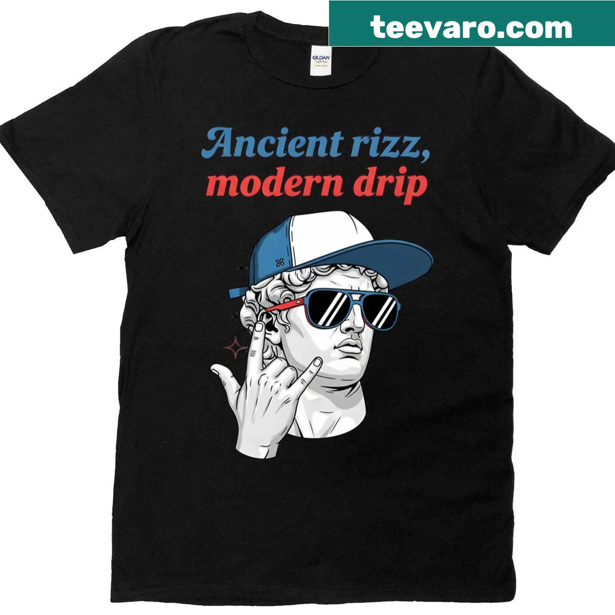 Cartoon graphic blending classical statue with modern streetwear — on a men's t-shirt