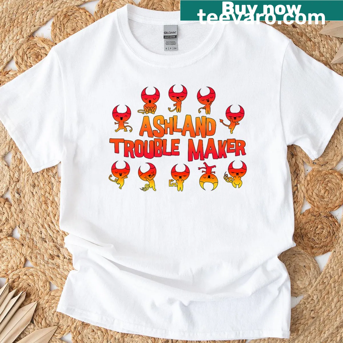 Funny Ashland Troublemaker T-shirt featuring a cartoon devil — on a men's t-shirt