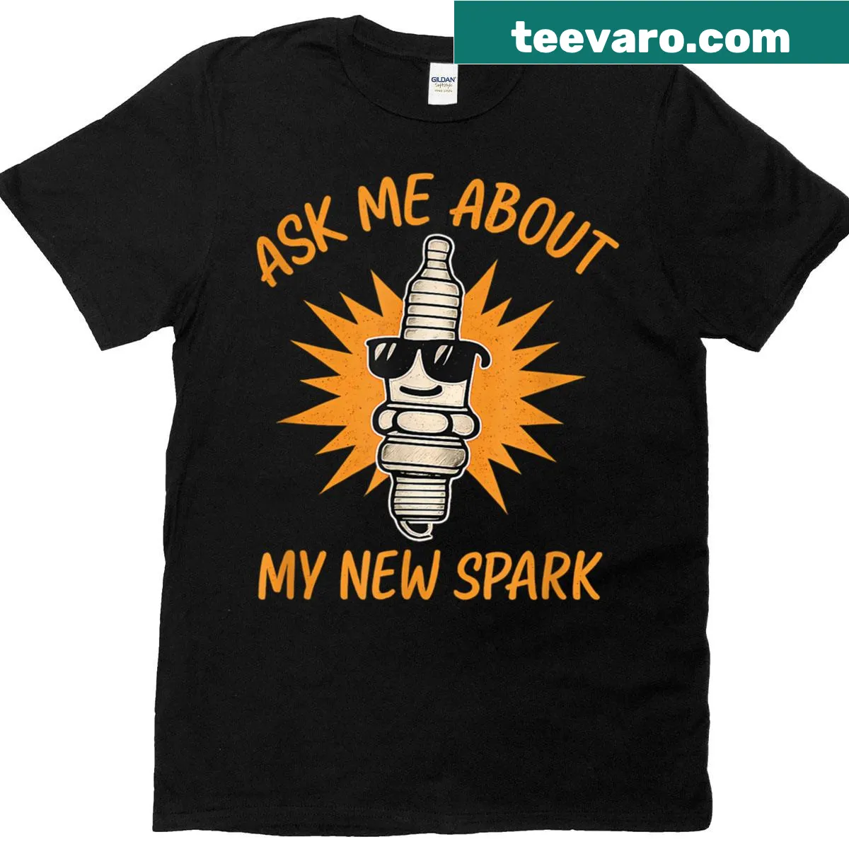 Humorous electrician spark plug T-shirt inviting conversations — on a men's t-shirt