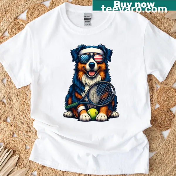 Illustration of an Australian Shepherd playing tennis with the USA flag.